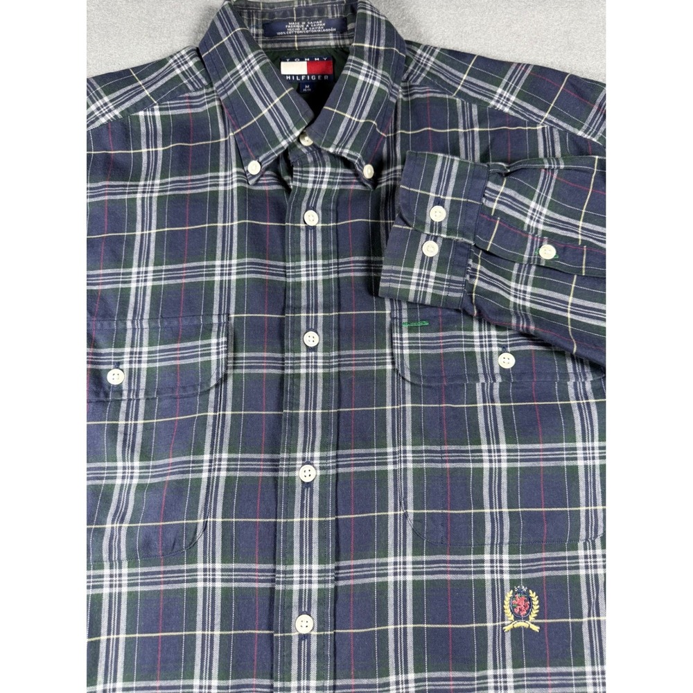 Vintage Tommy Hilfiger Shirt Mens‎ M Plaid Crest Logo Button Up Made Saipan
